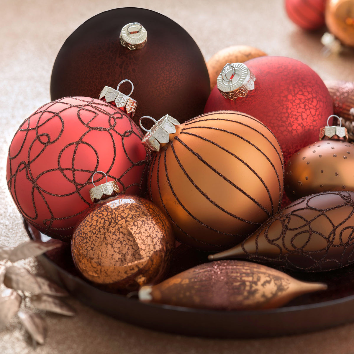 3 Copper Glass Baubles, 11 cm