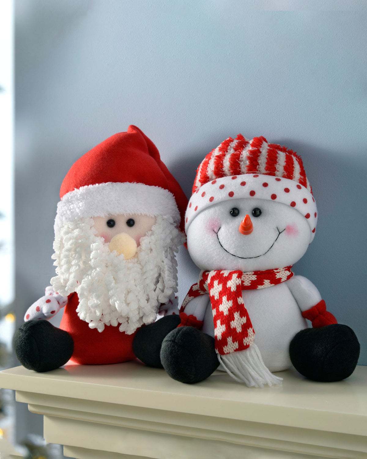 Set of 2 Santa & Snowman Figurine, Red/White, 30 cm