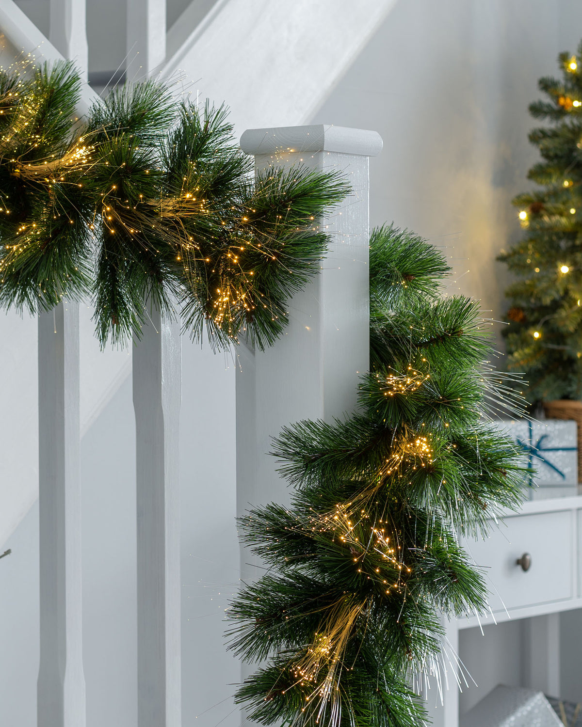 Pre-Lit Pine Needle Garland with Warm White Fibre Optic Lights, 6.5 ft