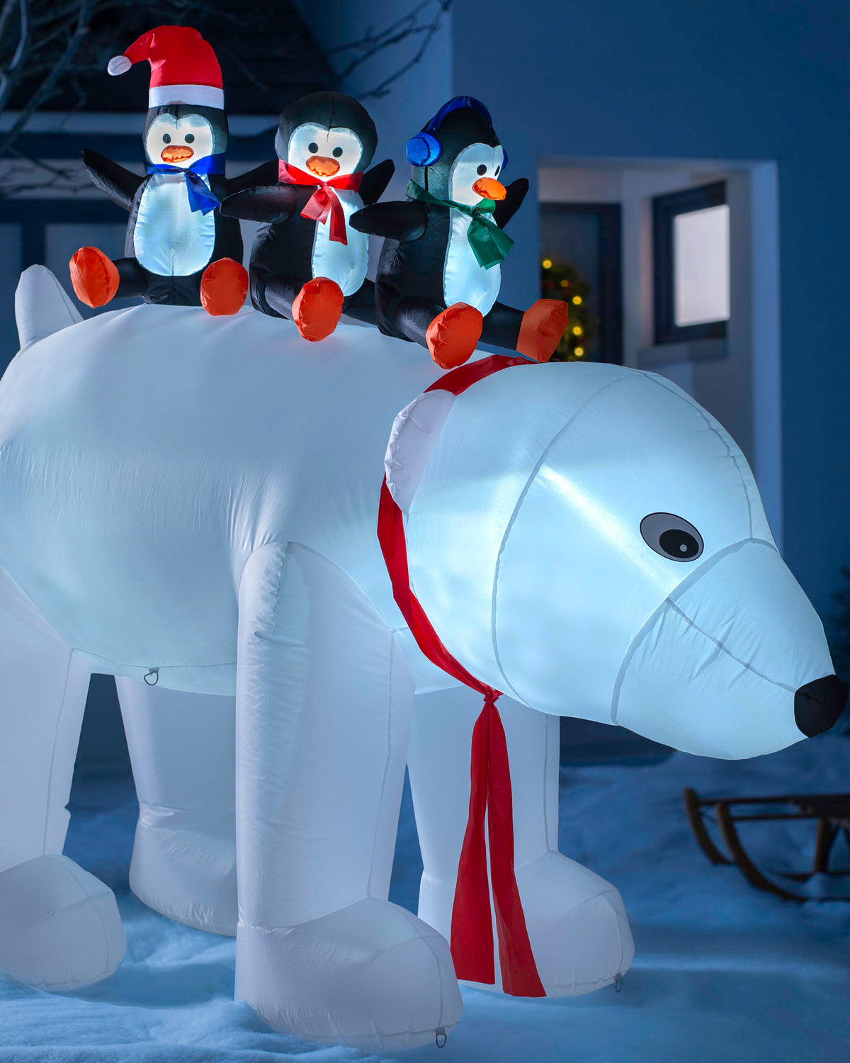 Pre-Lit Inflatable Polar Bear and Penguins, 6 ft
