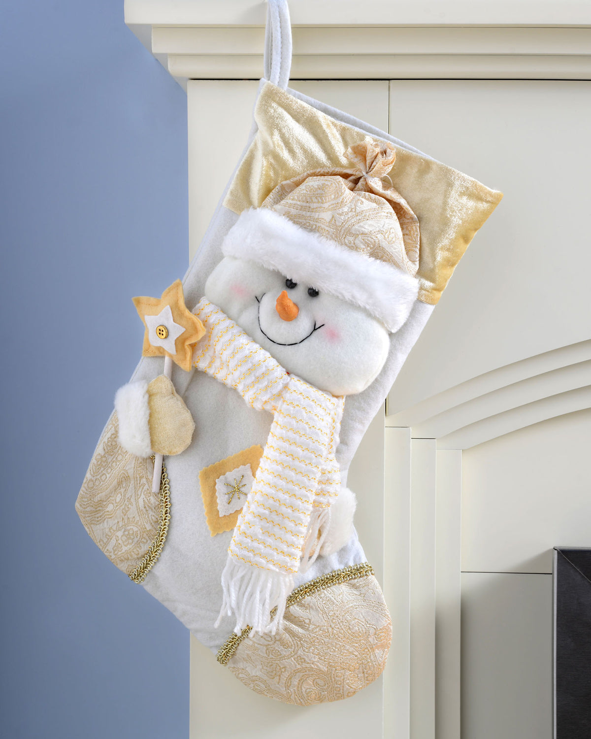 Snowman Stocking, Cream/Gold, 48 cm
