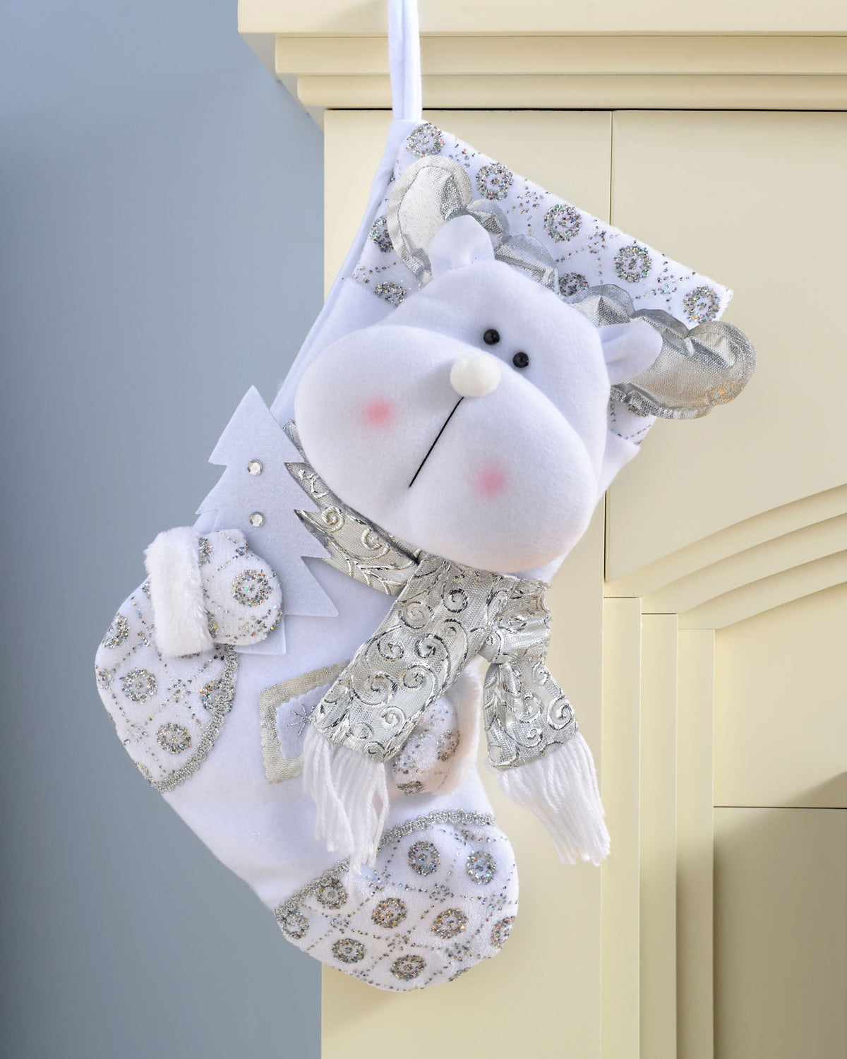 Reindeer Stocking, White/Silver, 48 cm