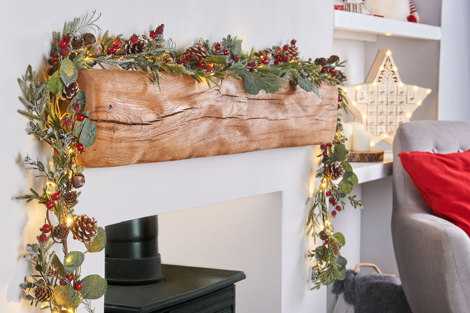 Pre-Lit Frosted Eucalyptus Garland, Pinecones & Berries, 9 ft