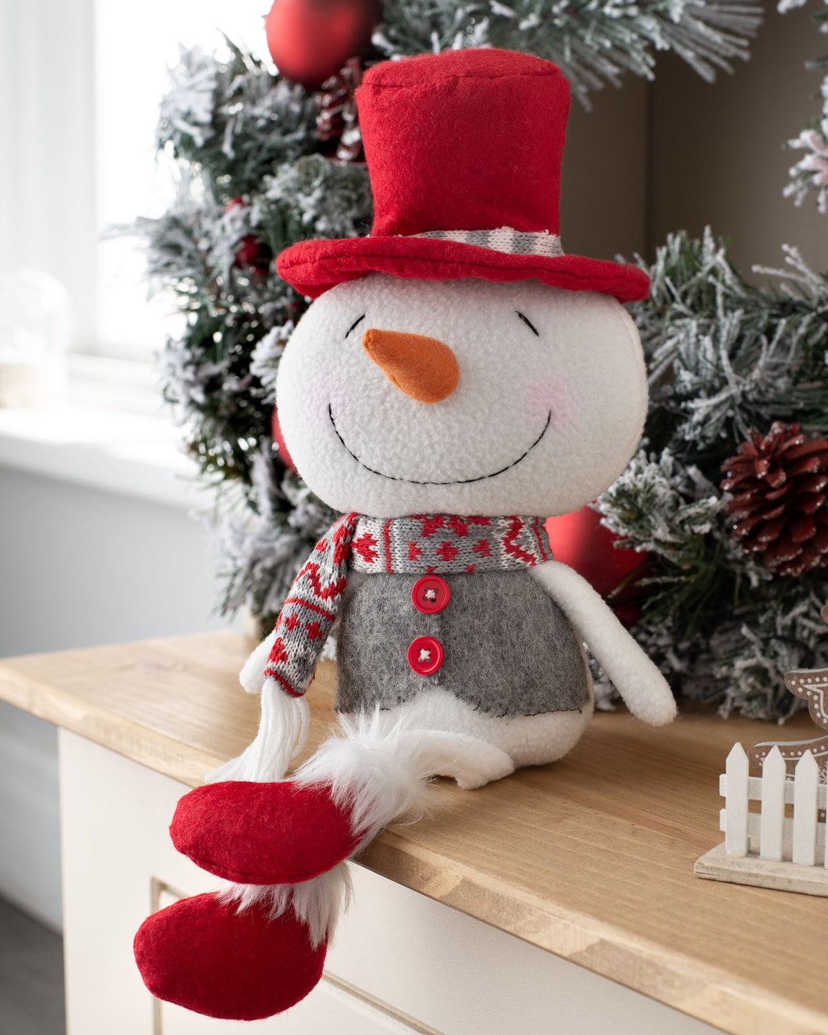 Sitting Snowman Figurine, Red and Grey, 33 cm
