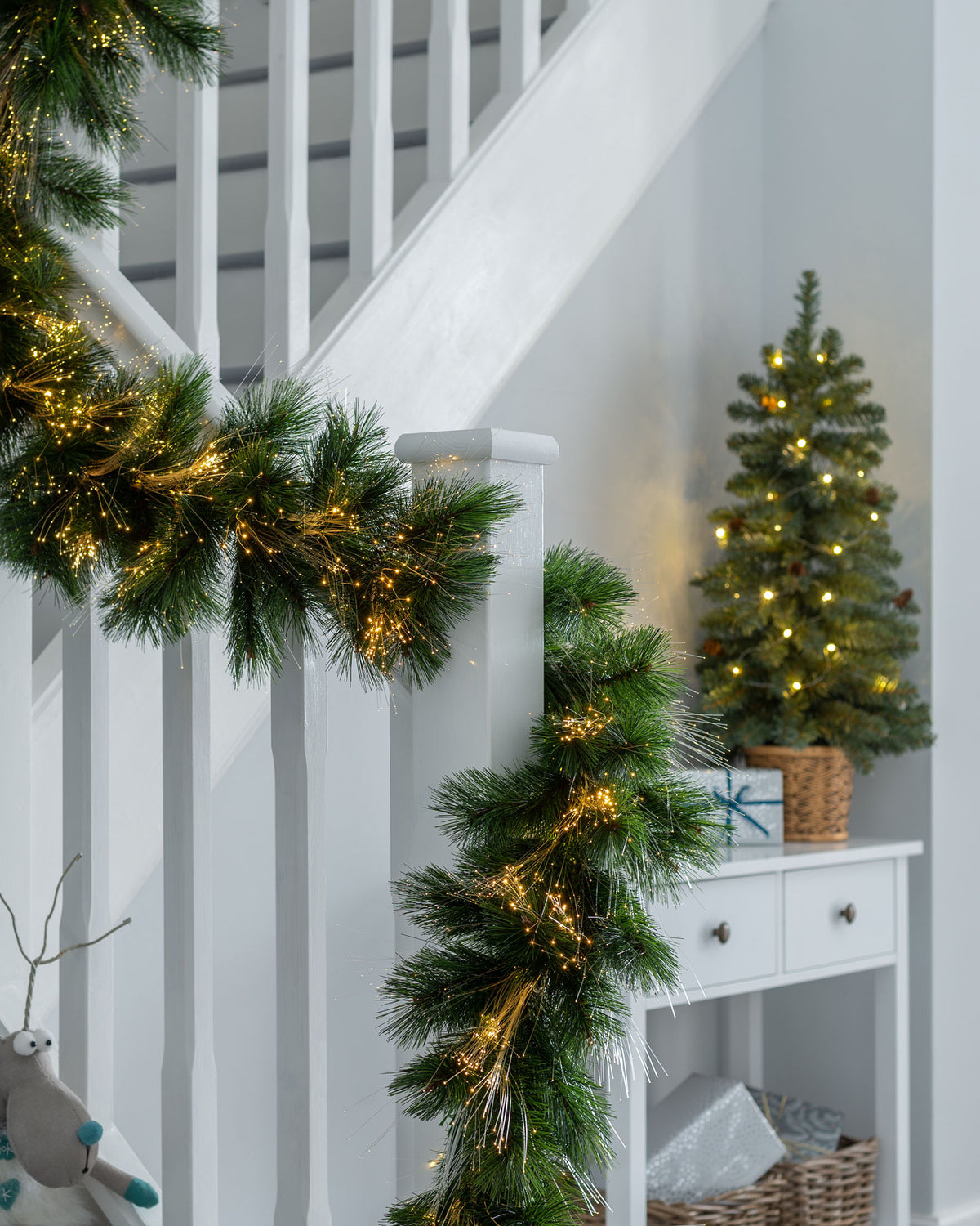 Pre-Lit Pine Needle Garland with Warm White Fibre Optic Lights, 6.5 ft
