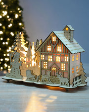 Pre-Lit Wooden House and Reindeer Scene, 28 cm