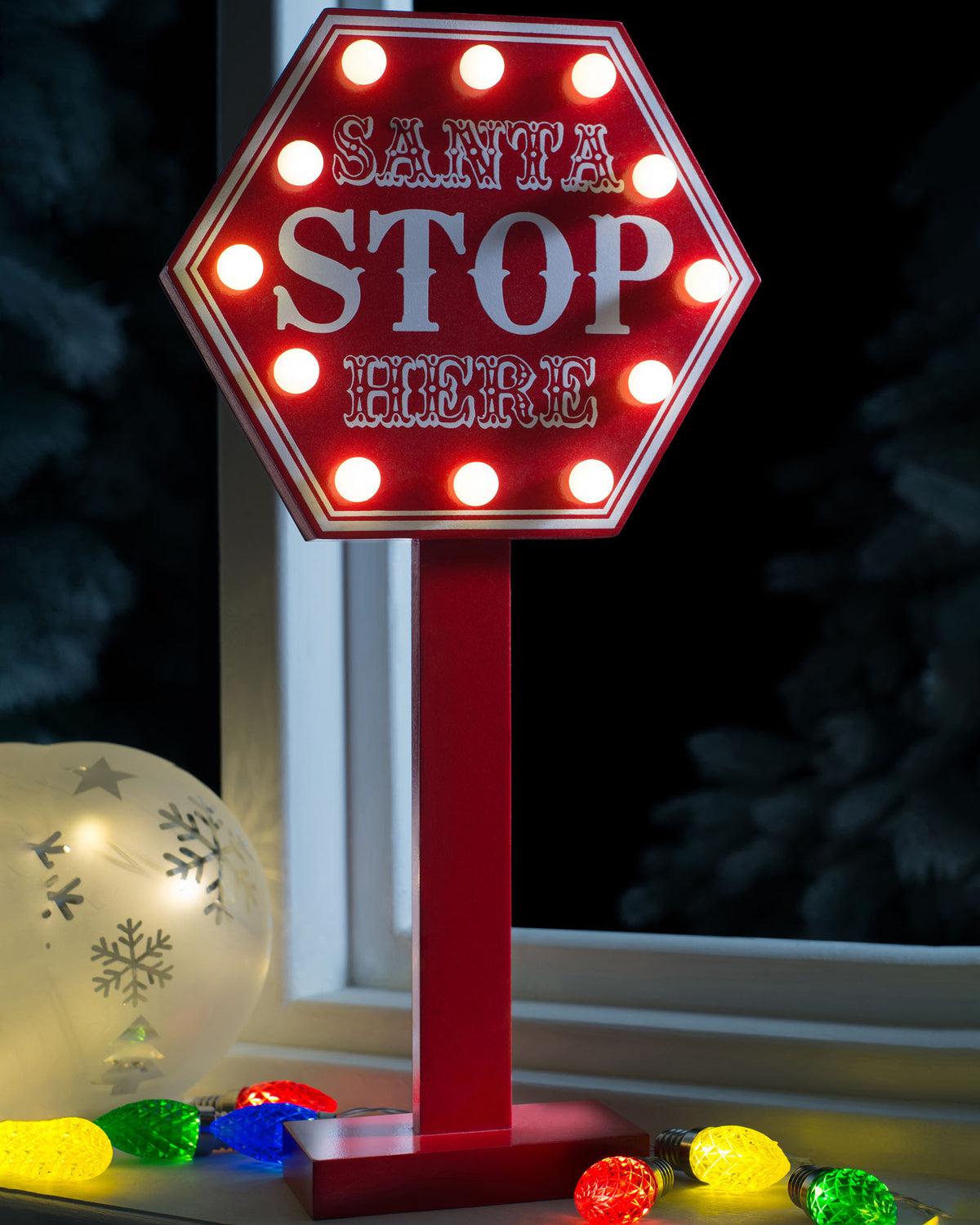 Pre-Lit Santa Stop Here Sign, 40 cm