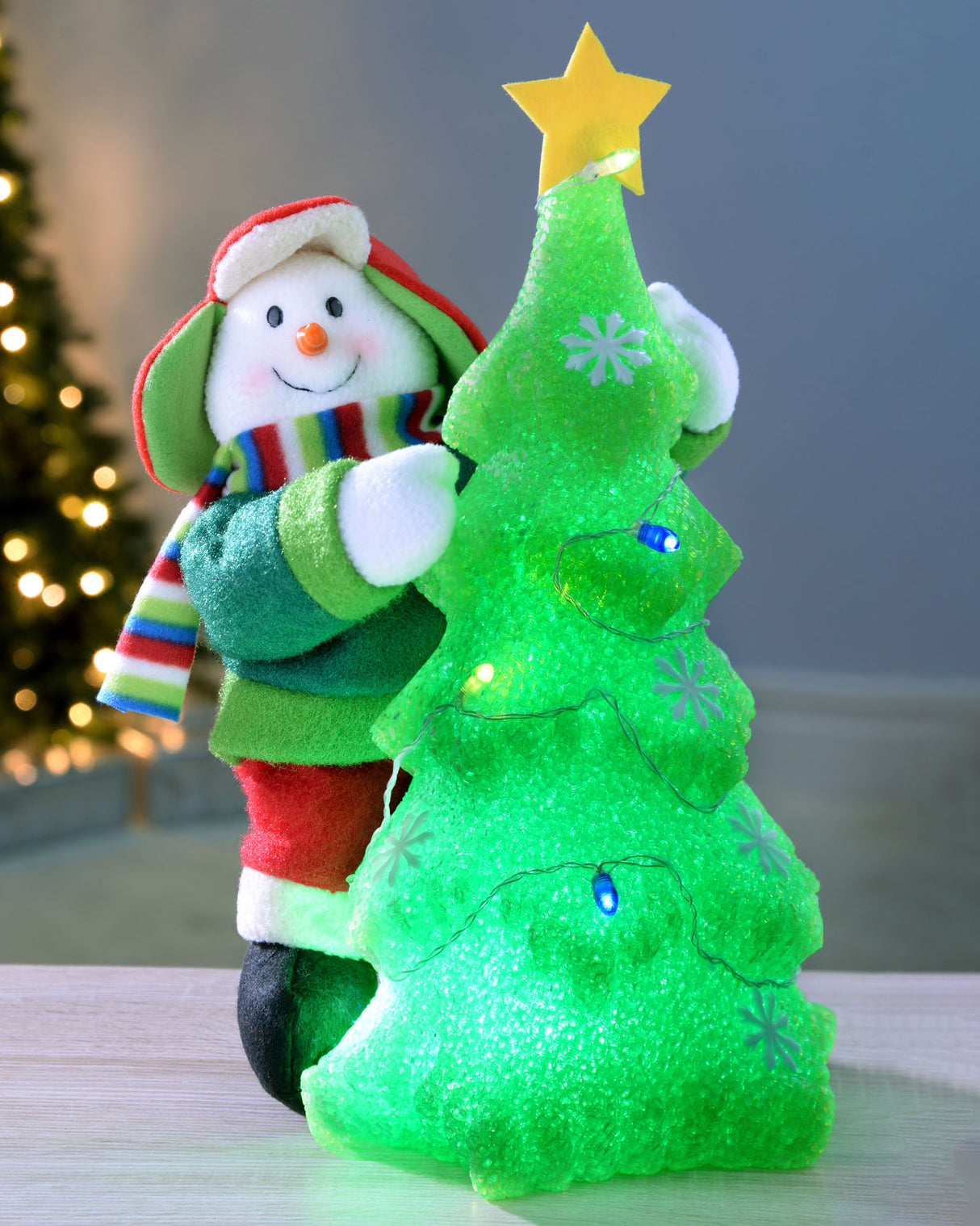 Pre-Lit Acrylic Christmas Tree with Snowman, 35 cm