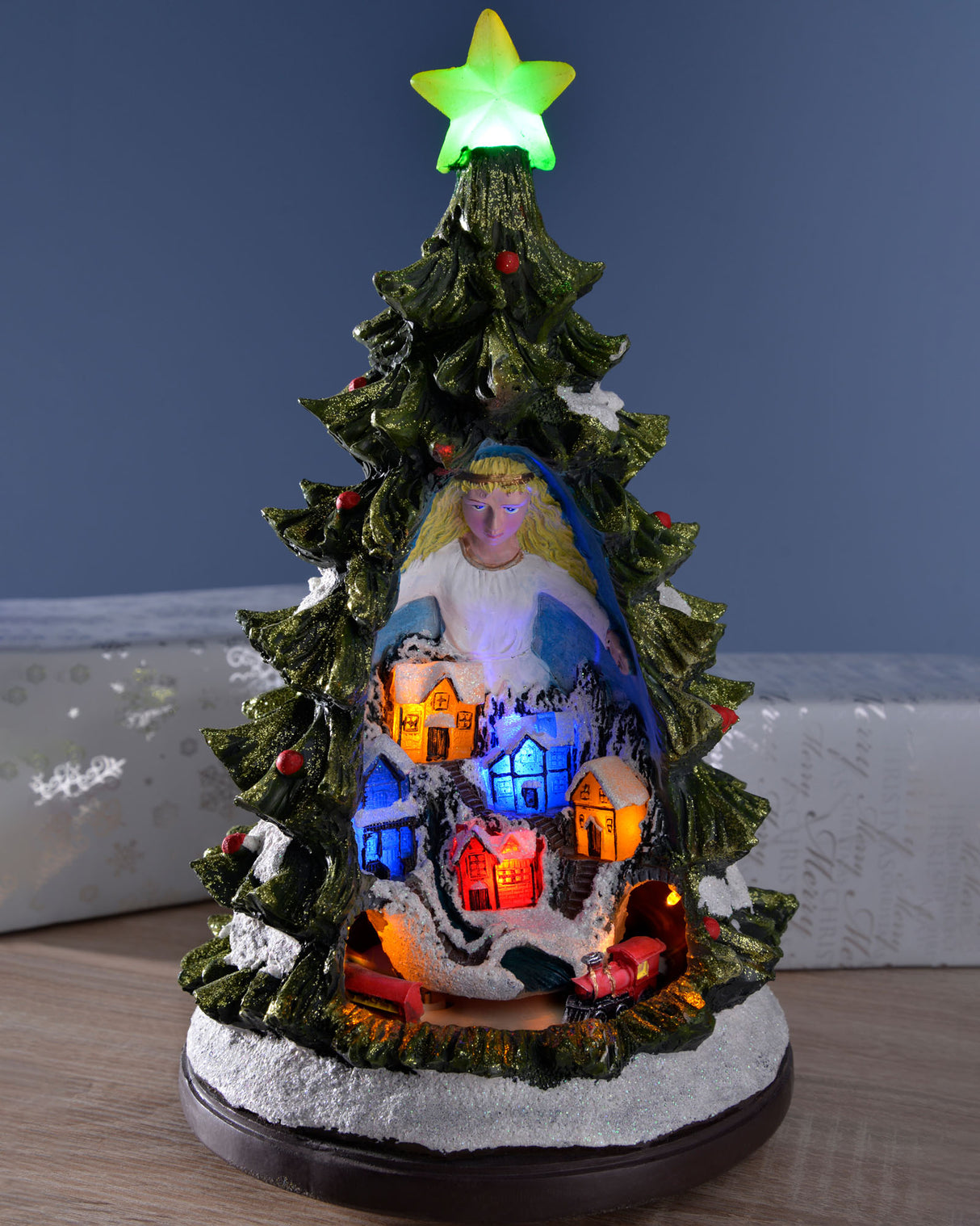 Pre-Lit LED Christmas Tree with Rotating Train Scene, 32 cm