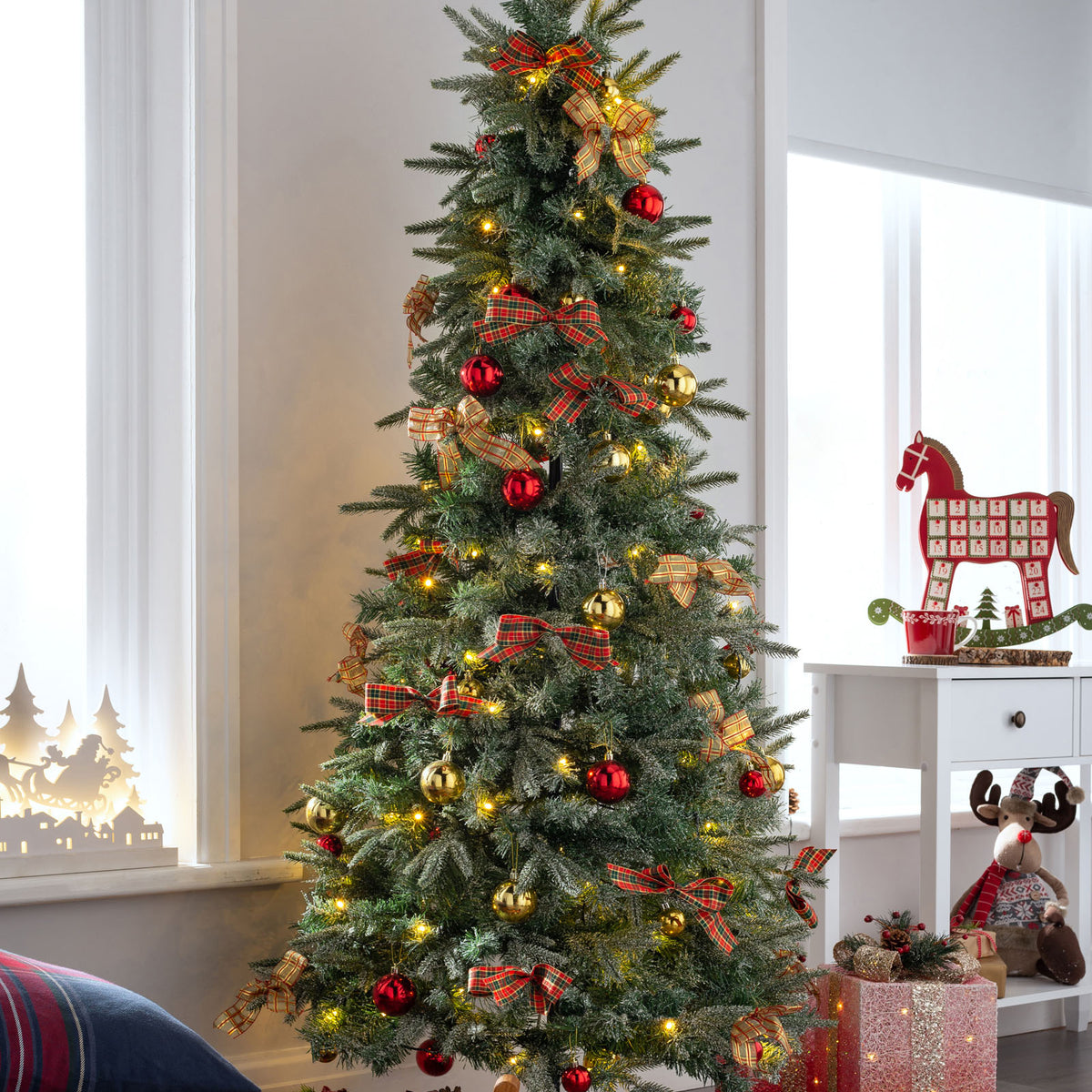 Pre-Lit Pop-Up Decorated Christmas Tree, Red/Gold, 6 ft – We R Christmas