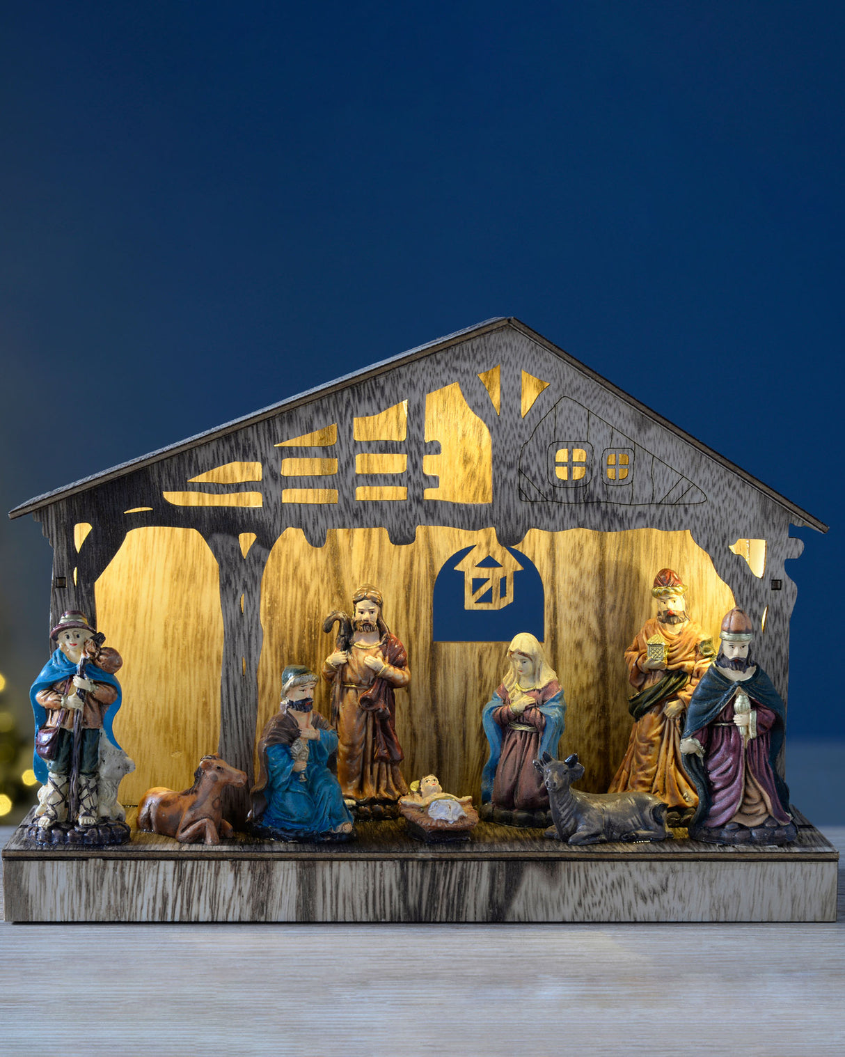 Pre-Lit Colourful Nativity Scene Christmas Decoration, Wood, Multi-Colour, 26.5 cm