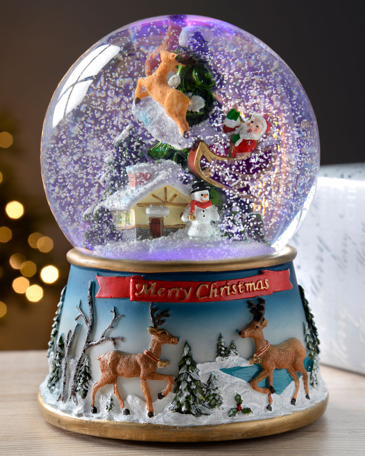 Colour Changing Musical Snow Globe, 19.5 cm - Multi-Colour, Santa Sleigh
