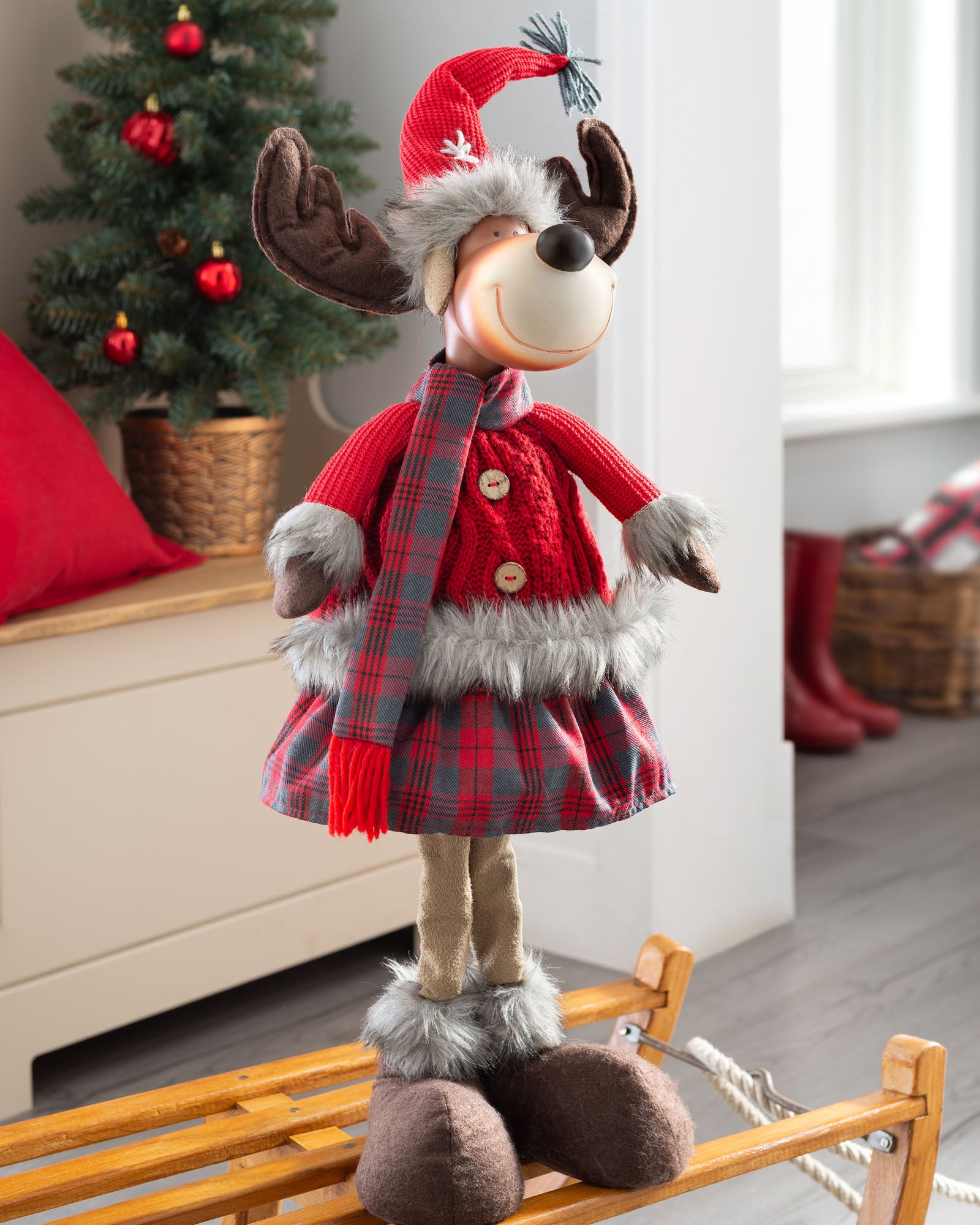 Standing Reindeer Figurine, Red and Tartan, 60 cm