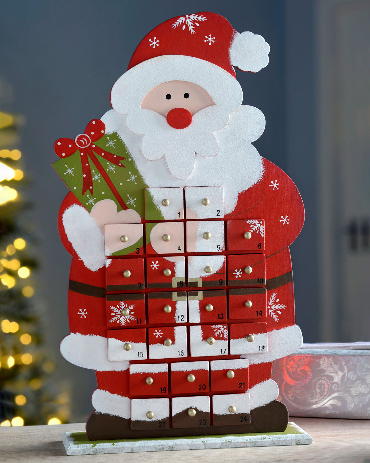 44 cm Wooden Santa Advent Calendar Christmas Decoration, Multi-Colour