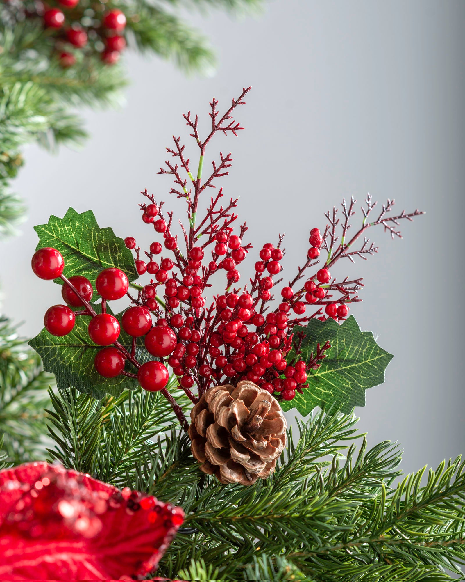 Artificial Berries and Pinecones Tree Pick, Red, 20 cm