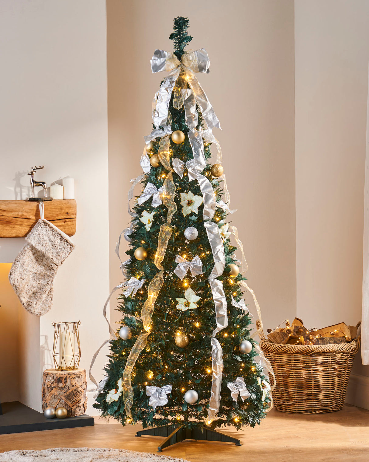 Pre-Lit Decorated Holly Pop-Up Christmas Tree, Champagne & Silver, 6 ft