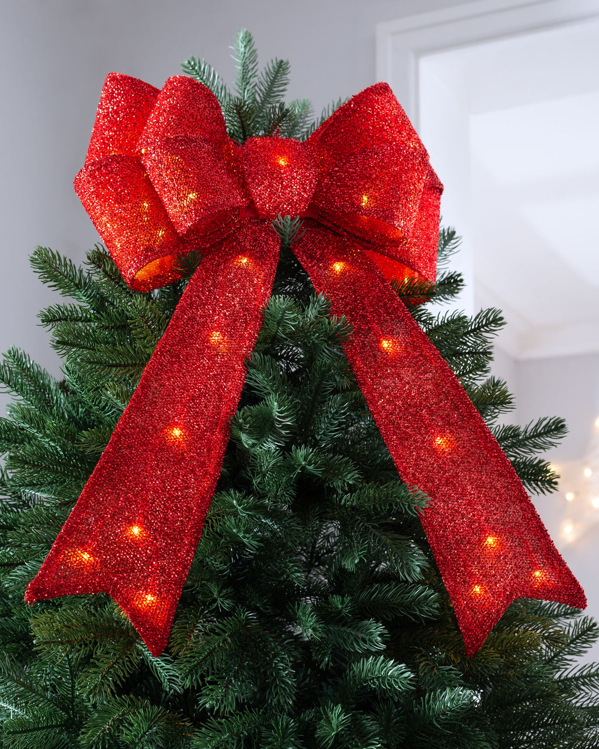 Pre-Lit Bow Tree Topper, Red, 60 cm