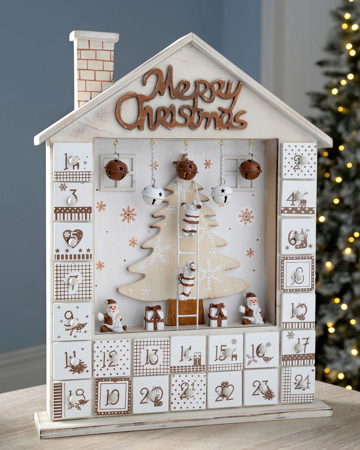 Wooden House Advent Calendar Christmas Decoration, 37cm, Beige