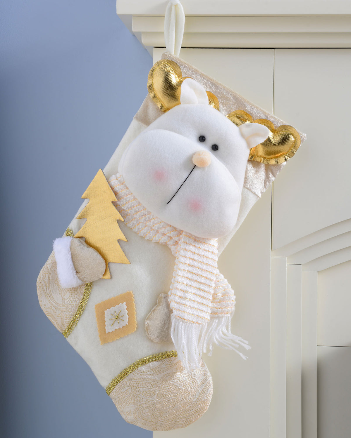 Reindeer Stocking, Cream/Gold, 48 cm