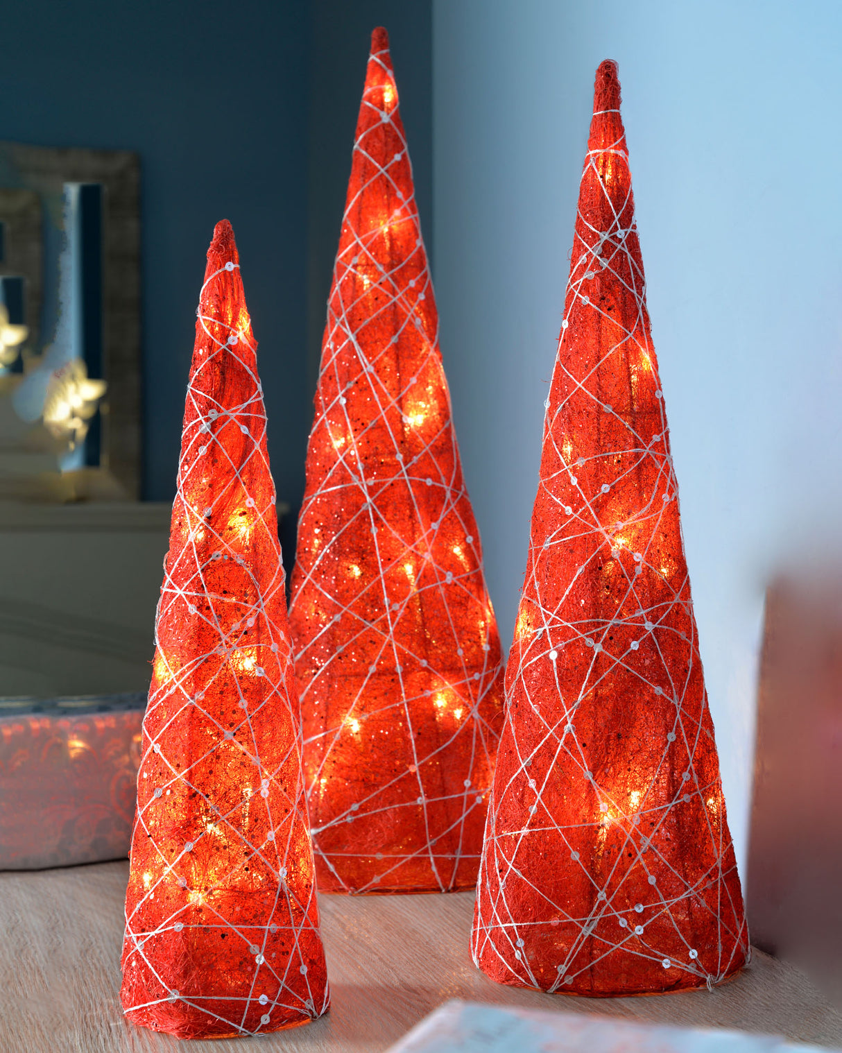 Pre-Lit Set of 3 Woven Tree Cones, 61 cm