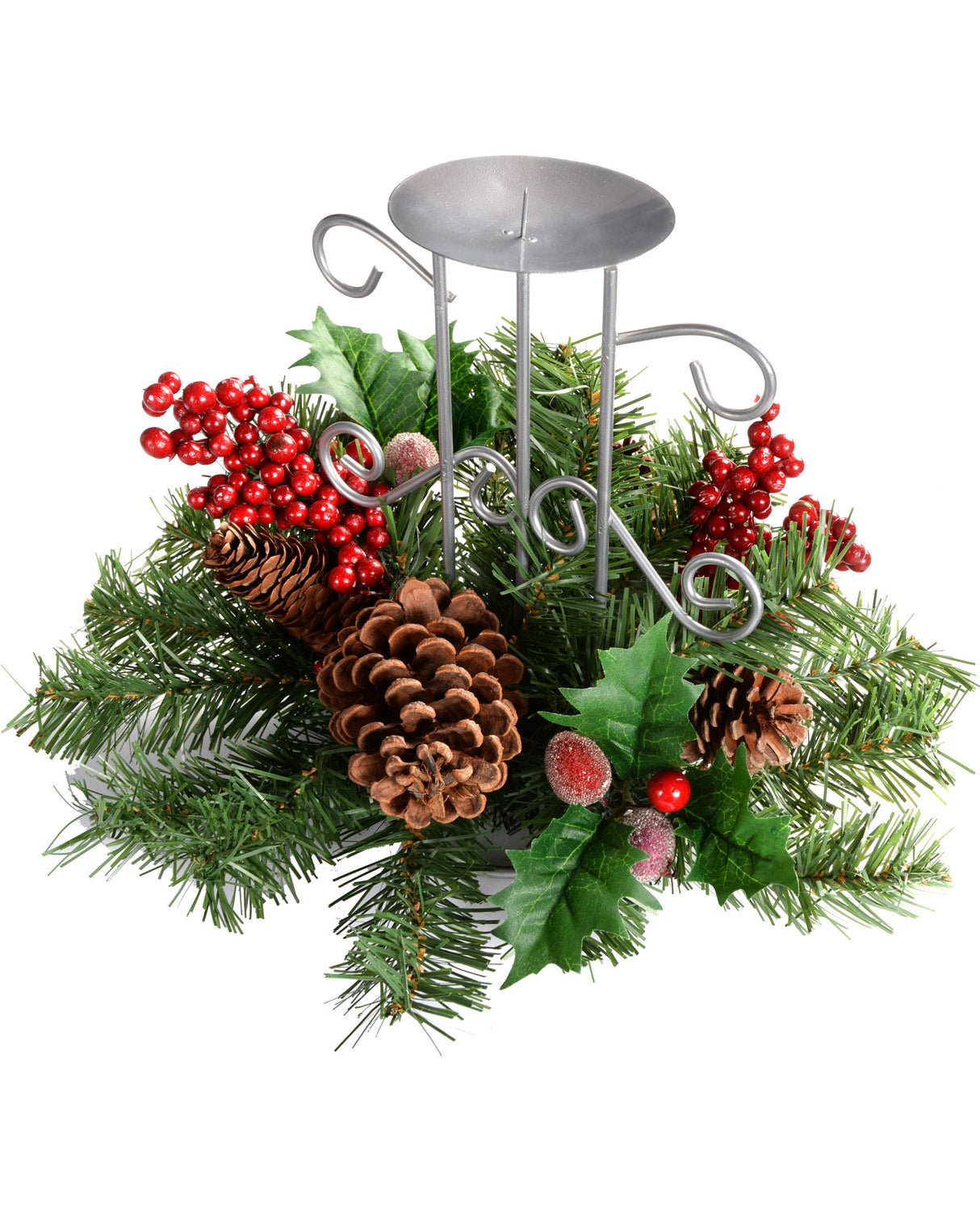 Natural Pinecone and Berry Table Centre Piece with Single Pillar Garland Candle Holder Christmas Decoration, Single Pillar