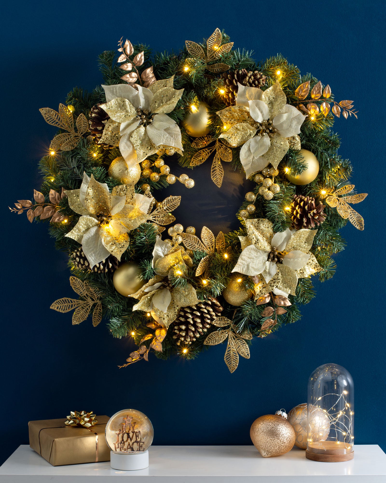 Pre-Lit Extra Thick Wreath, Cream/Gold, 76 cm