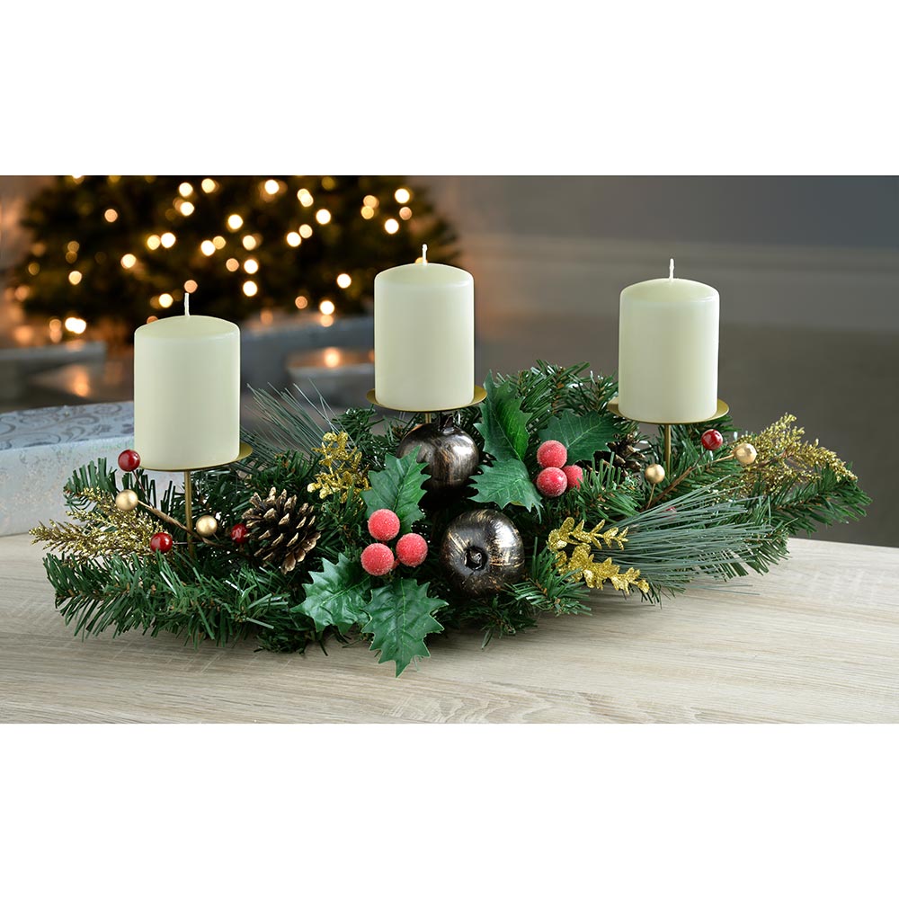 Decorated Table Centre Piece Garland Candle Holder - Red/ Gold, 3 Pillar