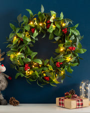 Pre-Lit Leaves & Berries Wreath, 60 cm