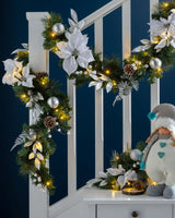 Pre-Lit Decorated Garland, Silver/White, 9 ft