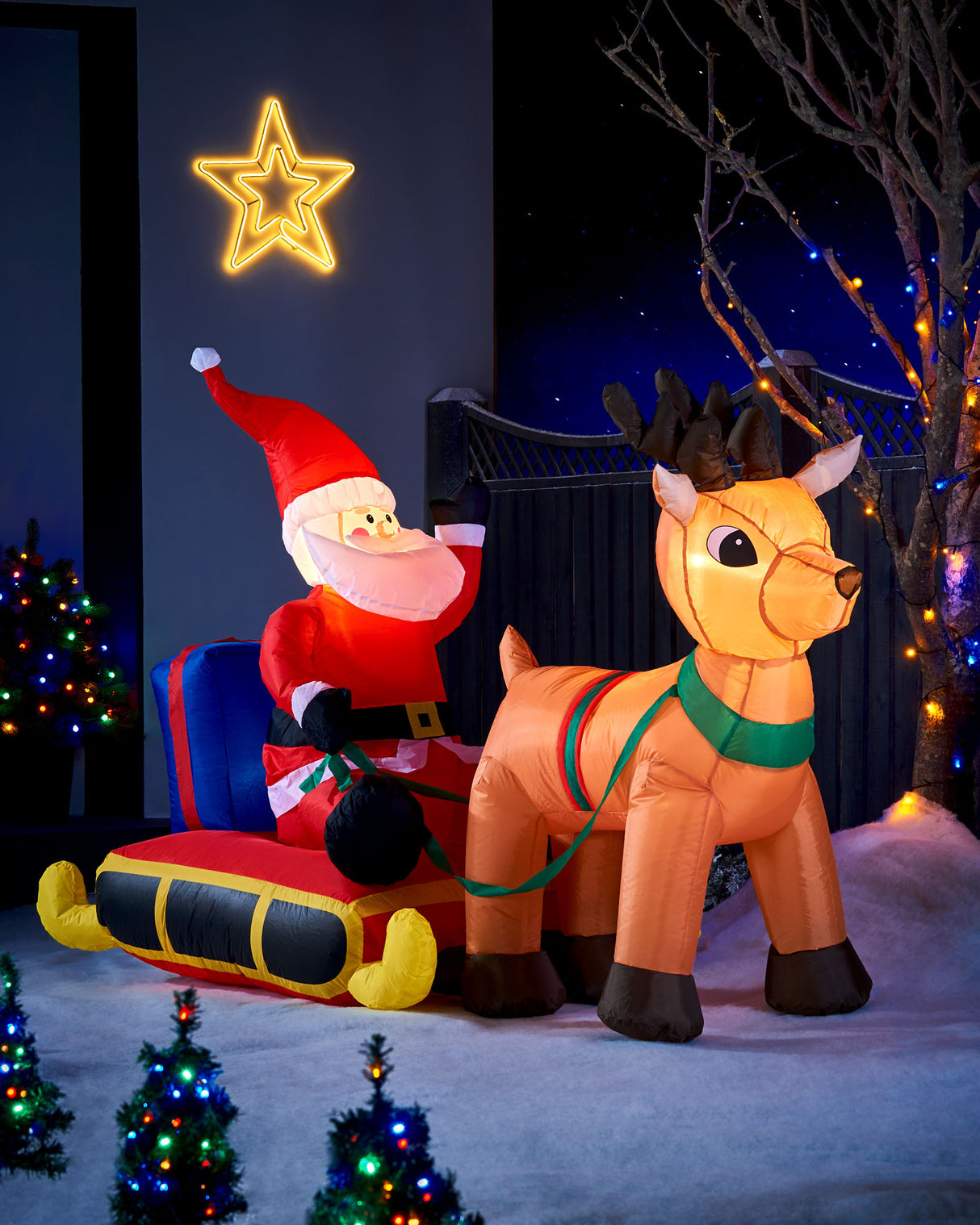 Pre-Lit Inflatable Santa with Reindeer, 7 ft