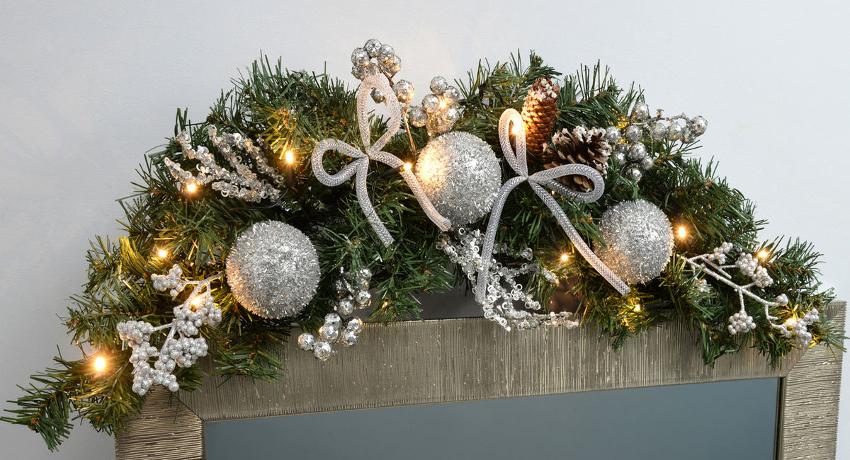 Pre-Lit Decorated Arch Garland with 20 Warm White LEDs, Silver, 3 ft