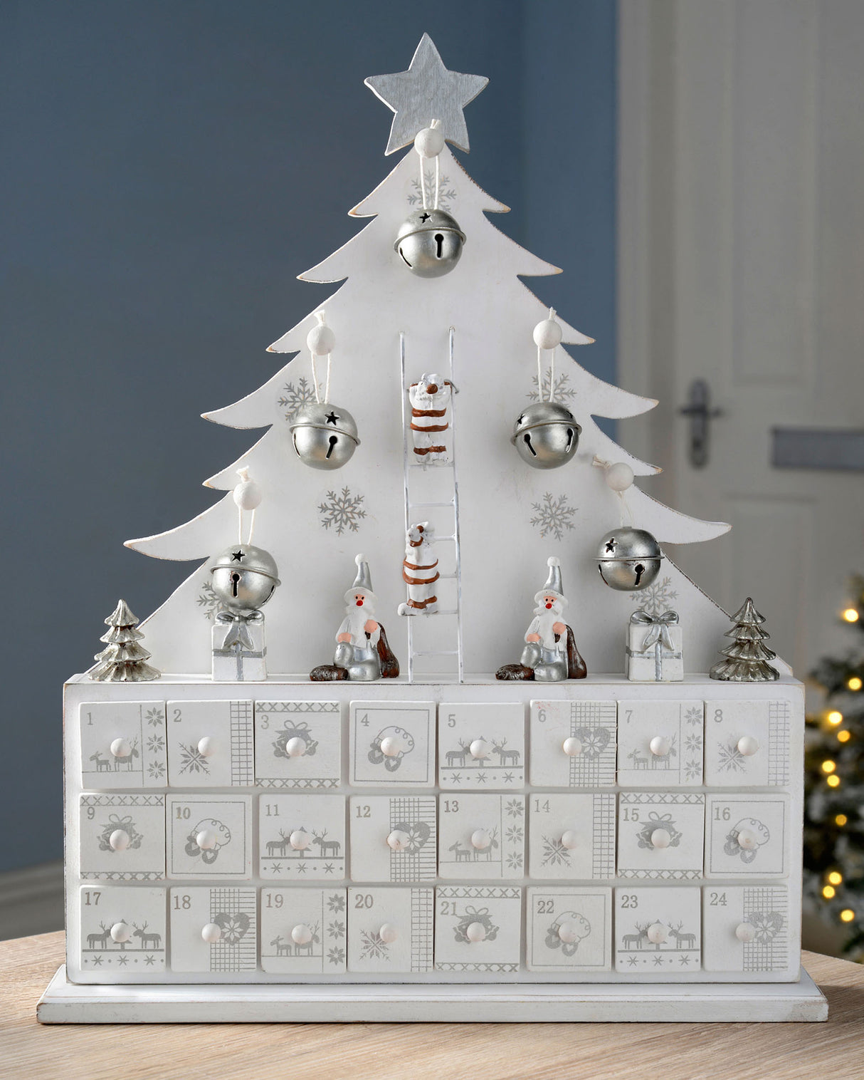 Wooden Christmas Tree Advent Calendar, Silver, 40 cm
