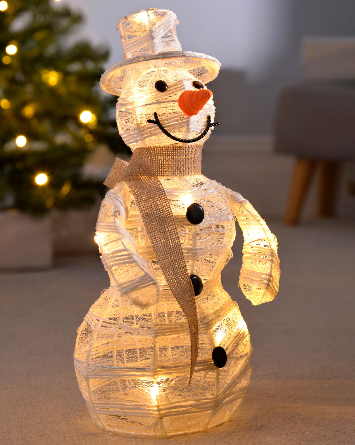 Pre-Lit Paper String and Gauze Snowman, 40 cm