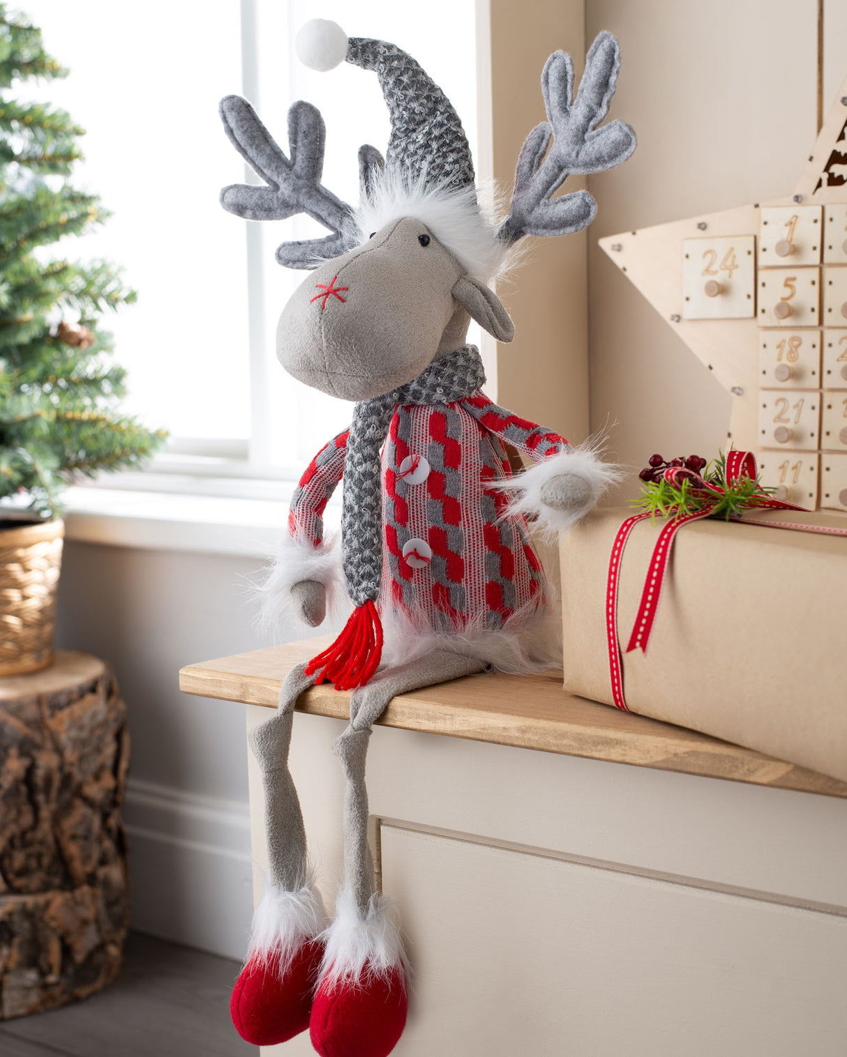 Sitting Reindeer Figurine, Red and Grey, 58 cm