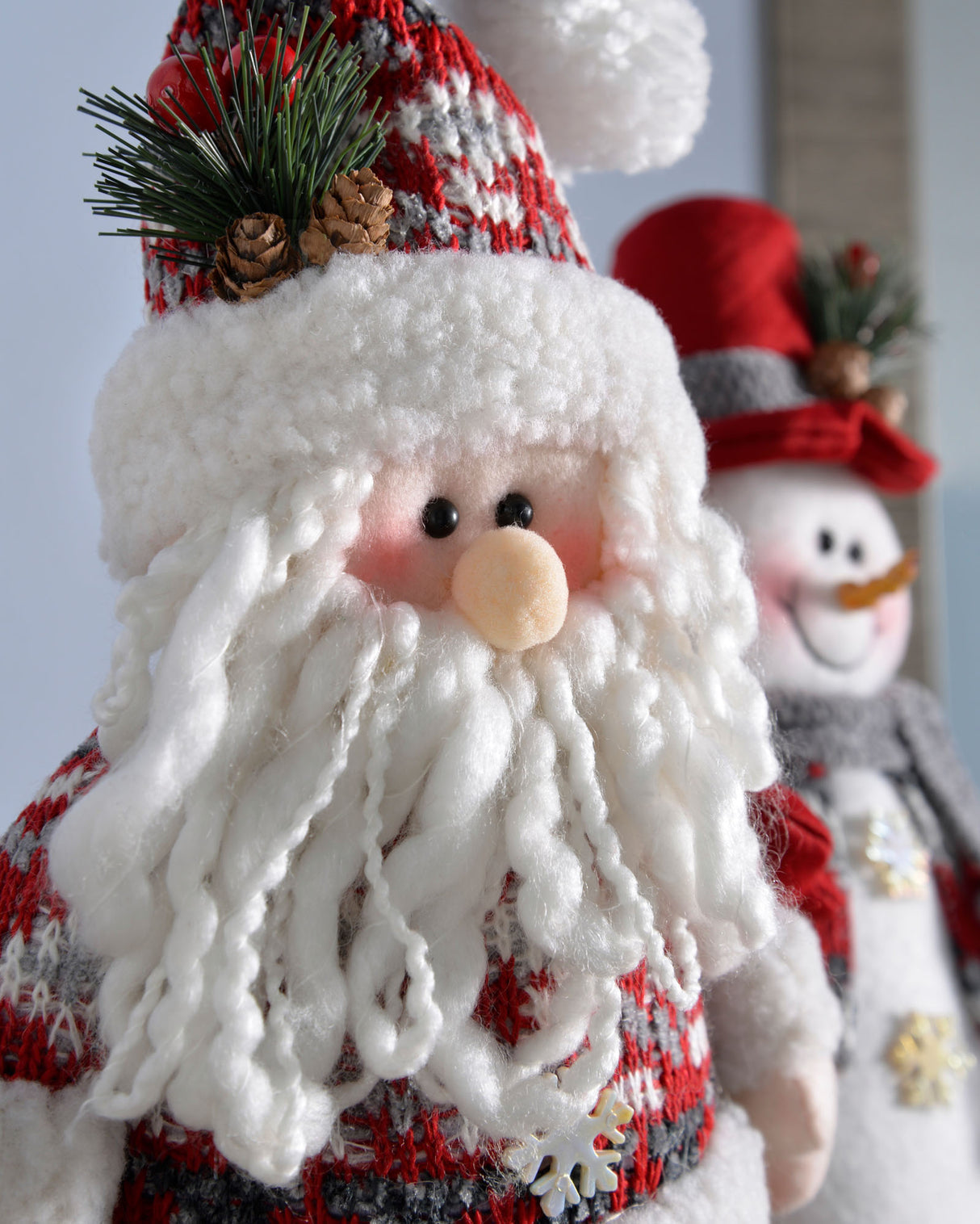 Set of 2 Santa and Snowman Figurines, Red/Grey, 25 cm
