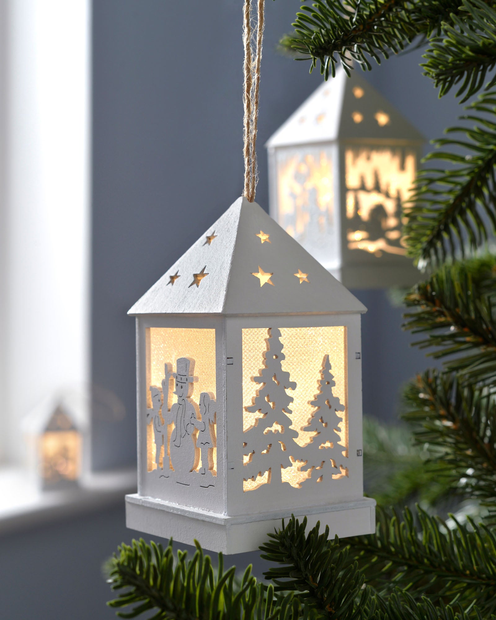 Three Pre-Lit Wooden Hanging Lantern Baubles