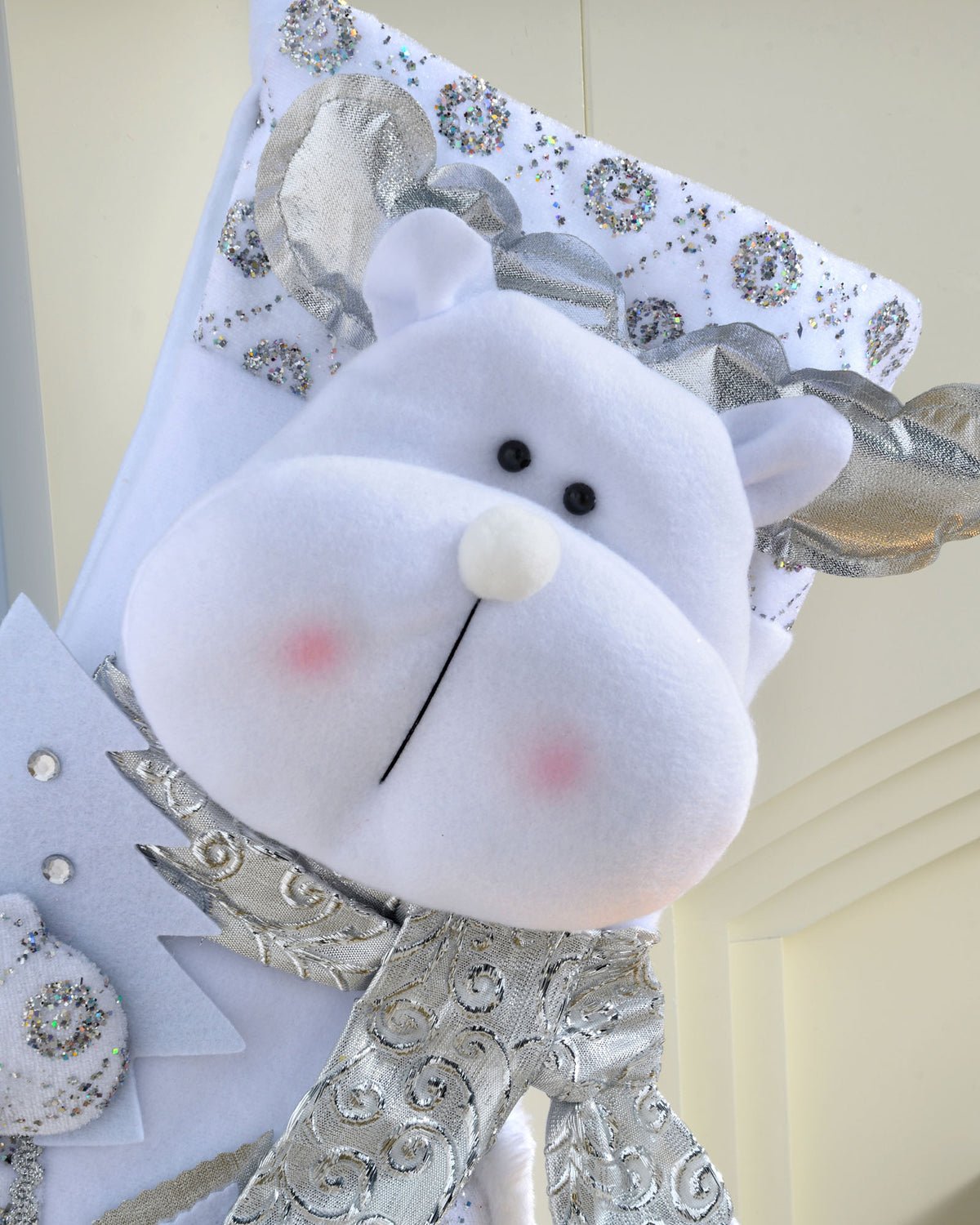 Reindeer Stocking, White/Silver, 48 cm