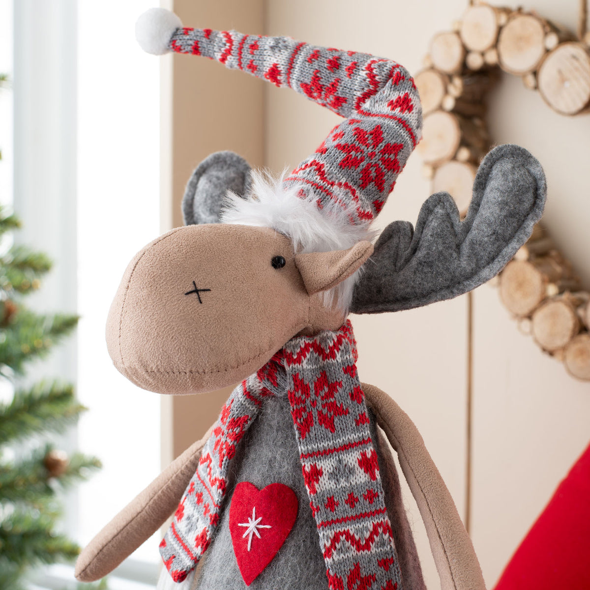 Standing Reindeer Figurine, Red and Grey, 43 cm