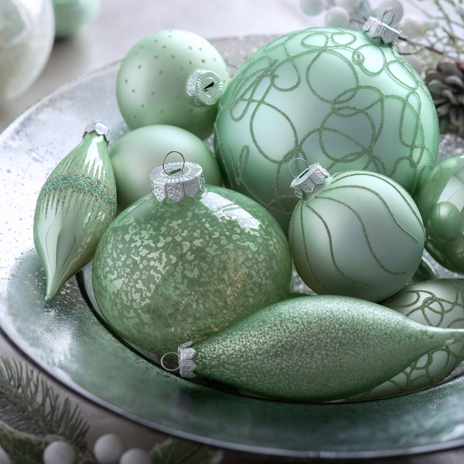 3 Mint Green Glass Baubles, 11 cm