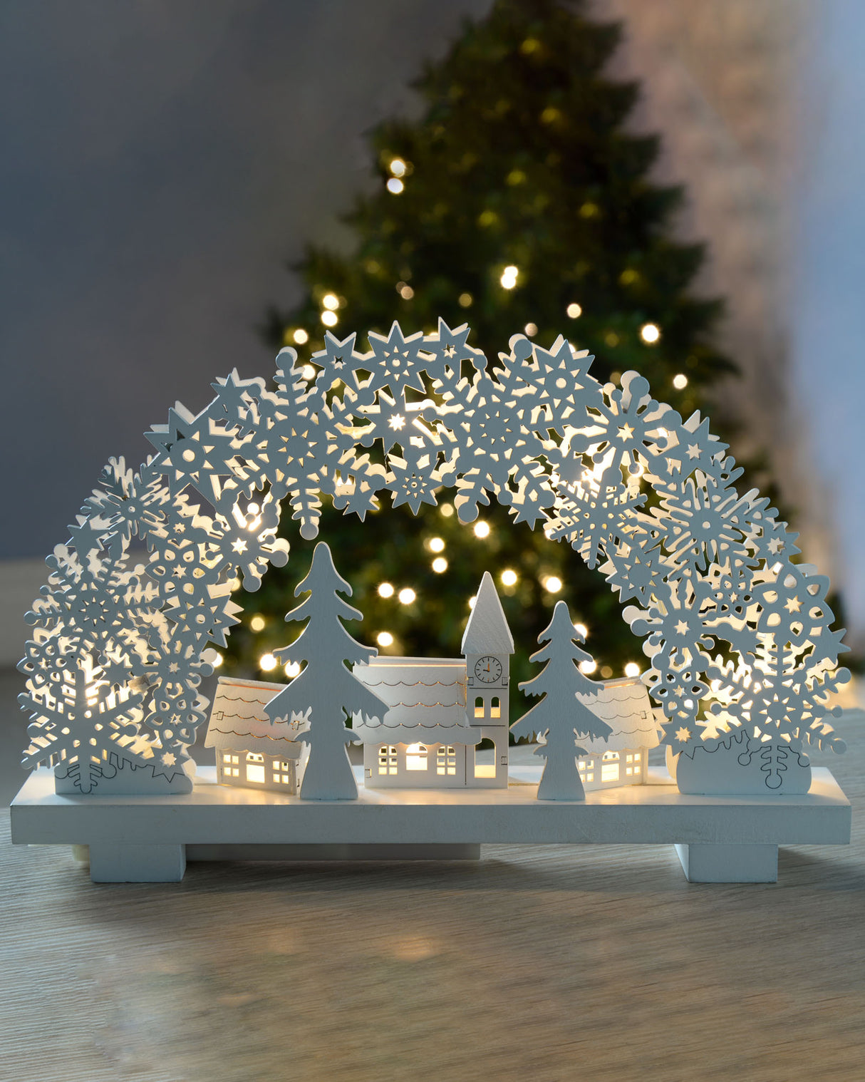 Pre-Lit Snowflake and Village Scene Arch, 32 cm