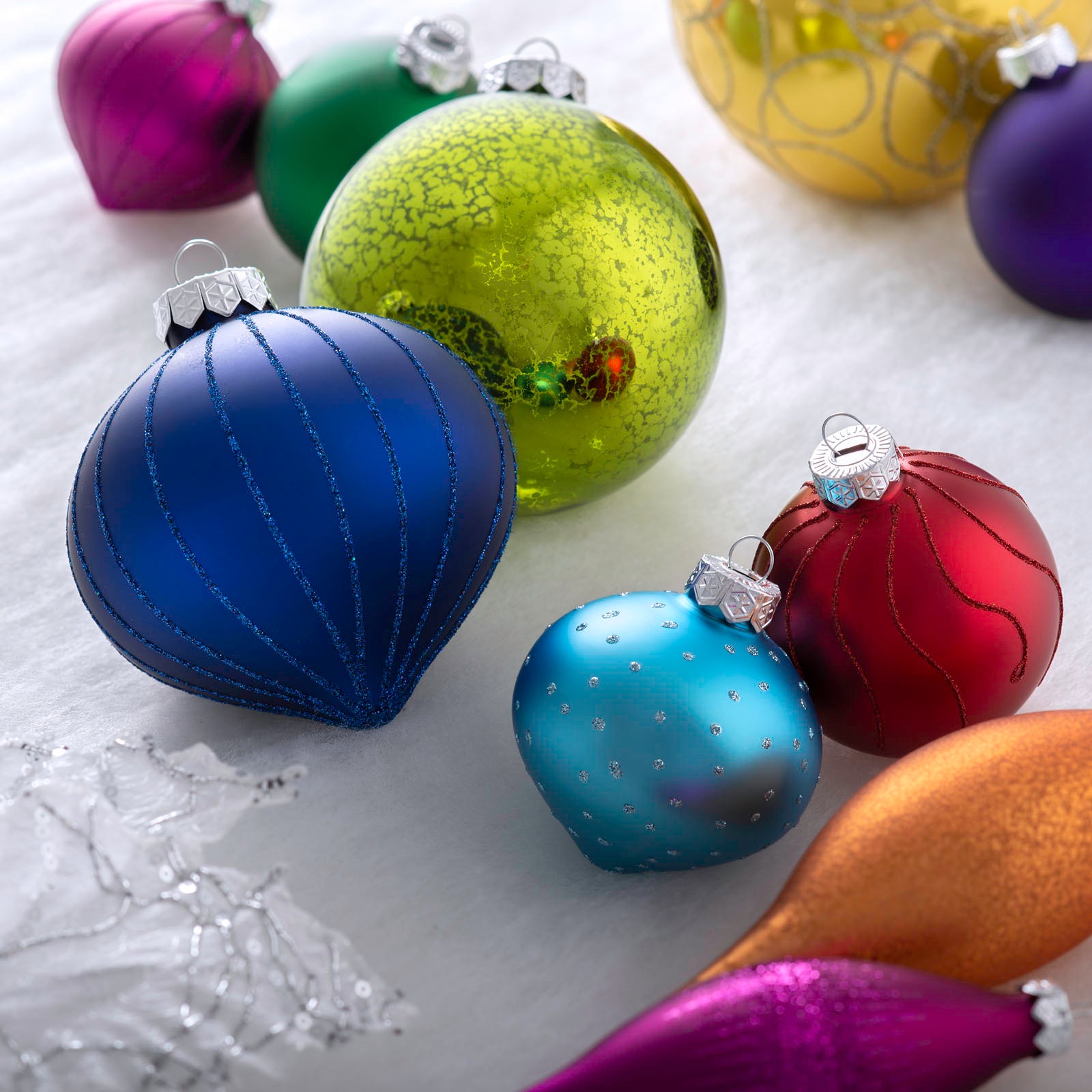 Five Rainbow Glass Baubles, 15 cm