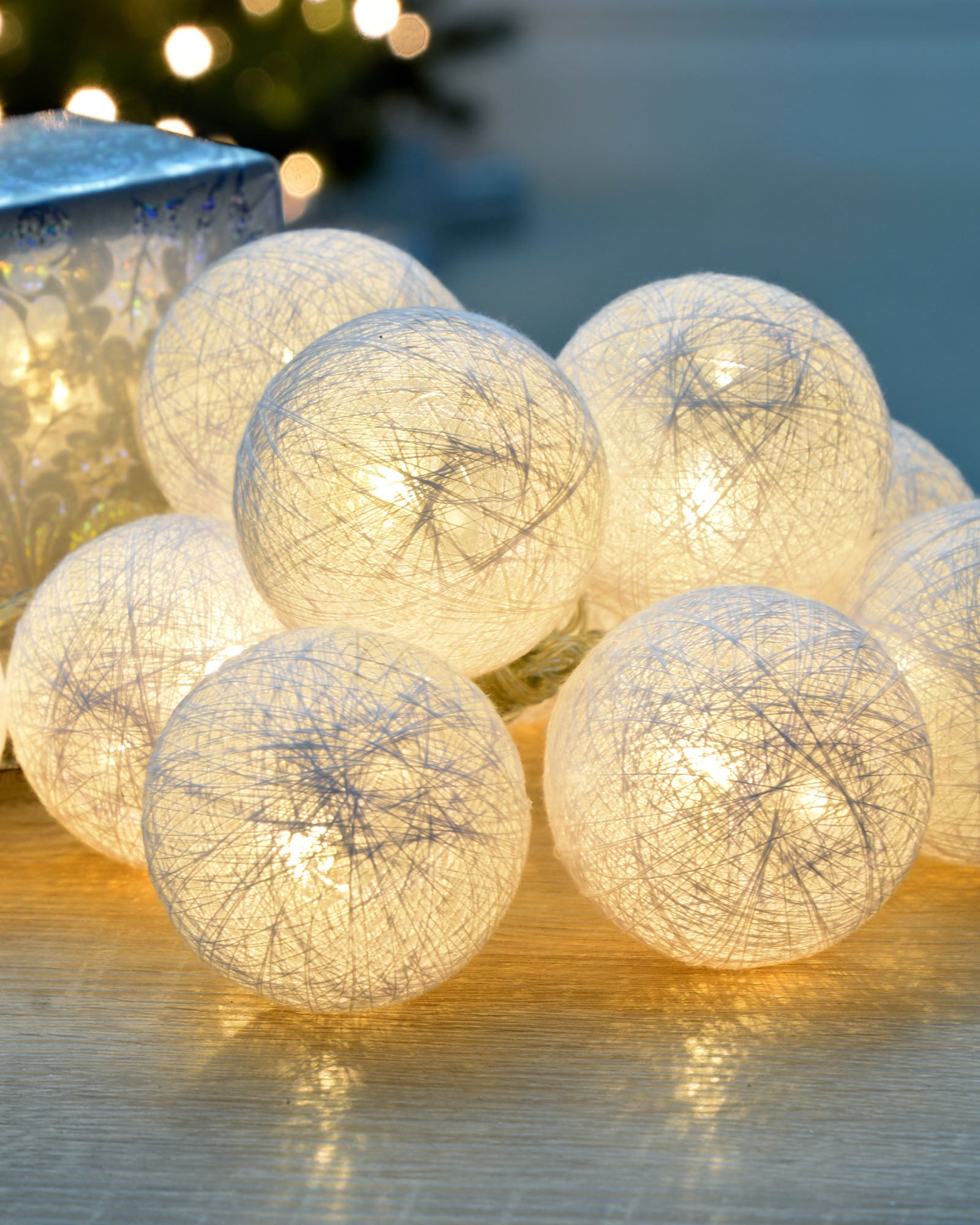 White cotton ball store string lights