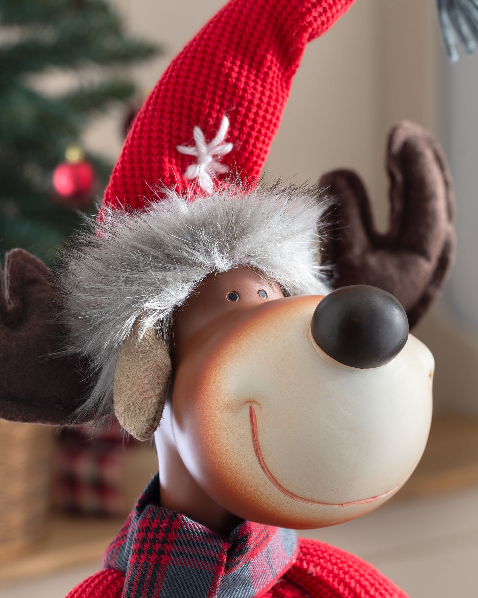 Standing Reindeer Figurine, Red and Tartan, 60 cm