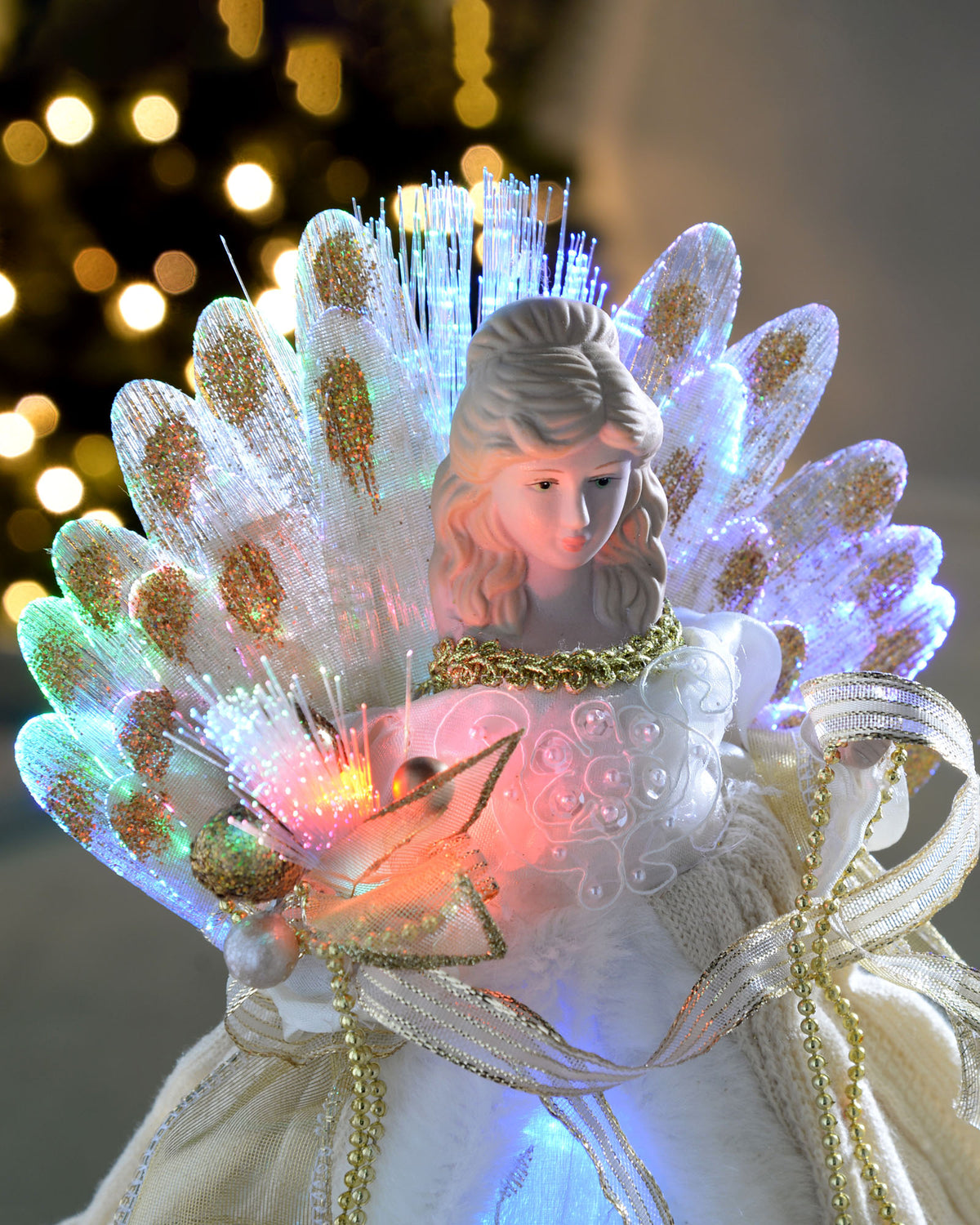 Fibre Optic Angel Christmas Tree Topper, Cream/Gold, 25 cm