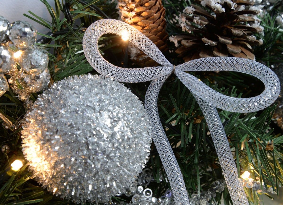 Pre-Lit Decorated Arch Garland with 20 Warm White LEDs, Silver, 3 ft
