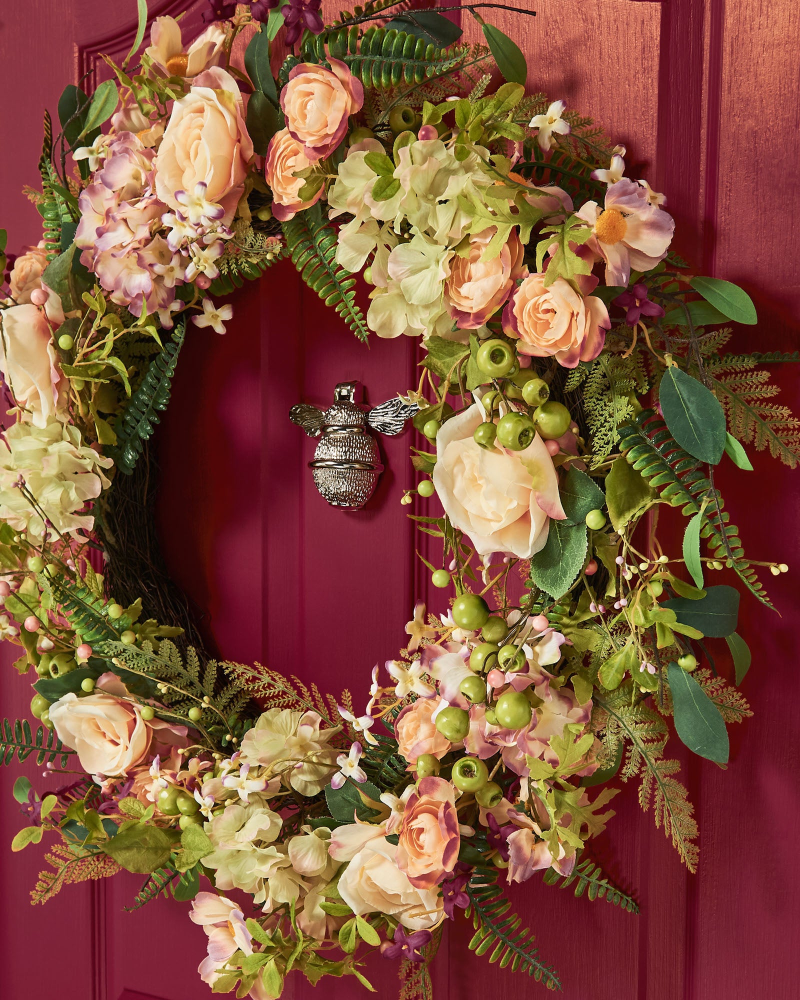 Artificial Floral Rose Spring Wreath, Pink, 28 Inch