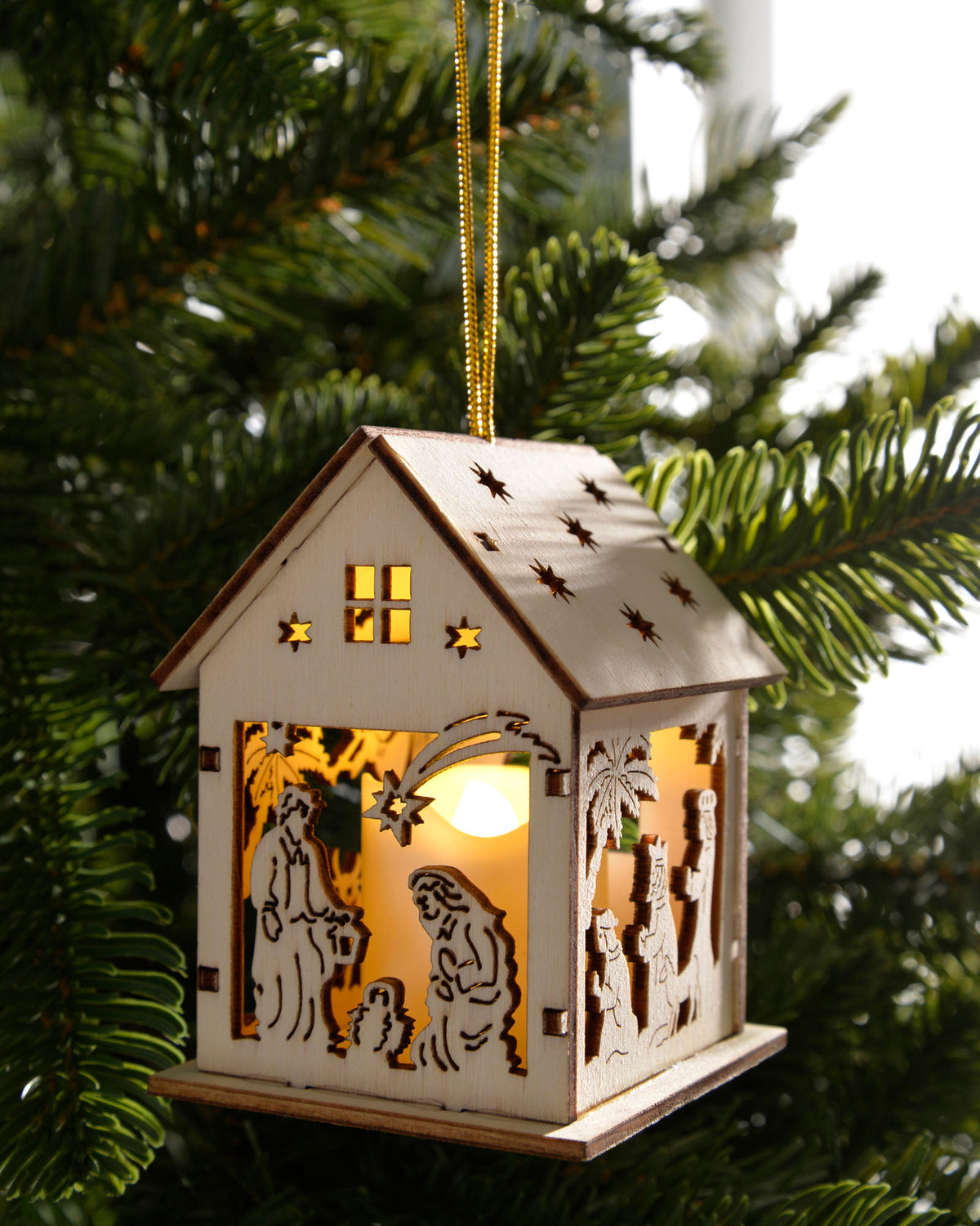 Pre-Lit Set of 3 Wooden House Tree Decorations