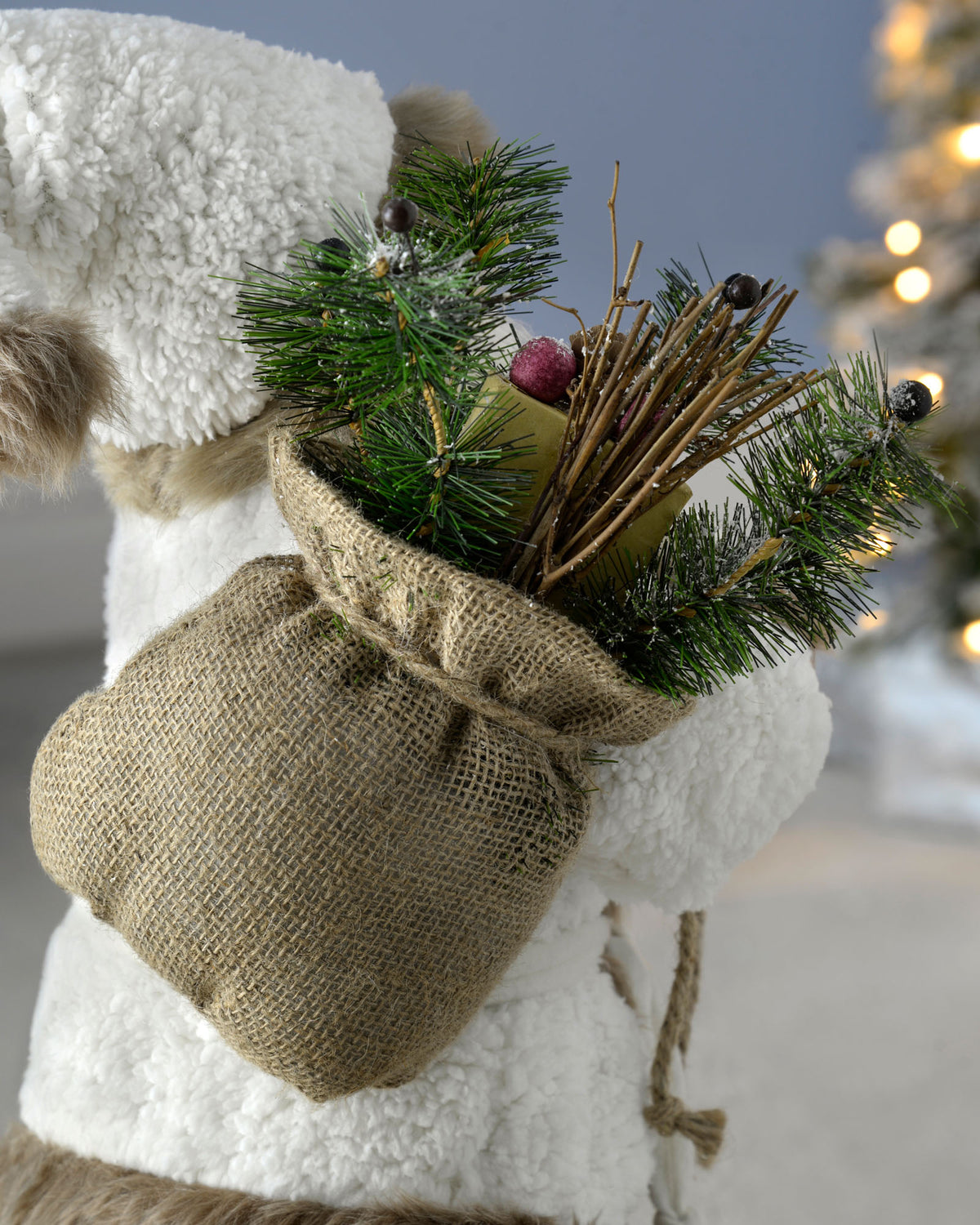 Standing Santa with Gift Sack Figurine, White/ Brown, 60 cm