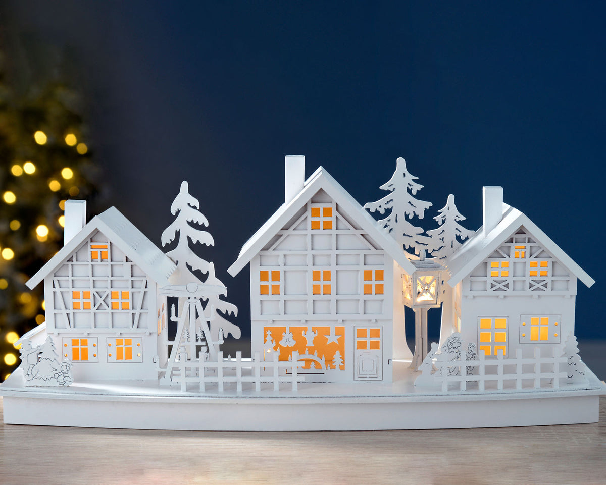 Pre-Lit Village Scene, White, 37 cm