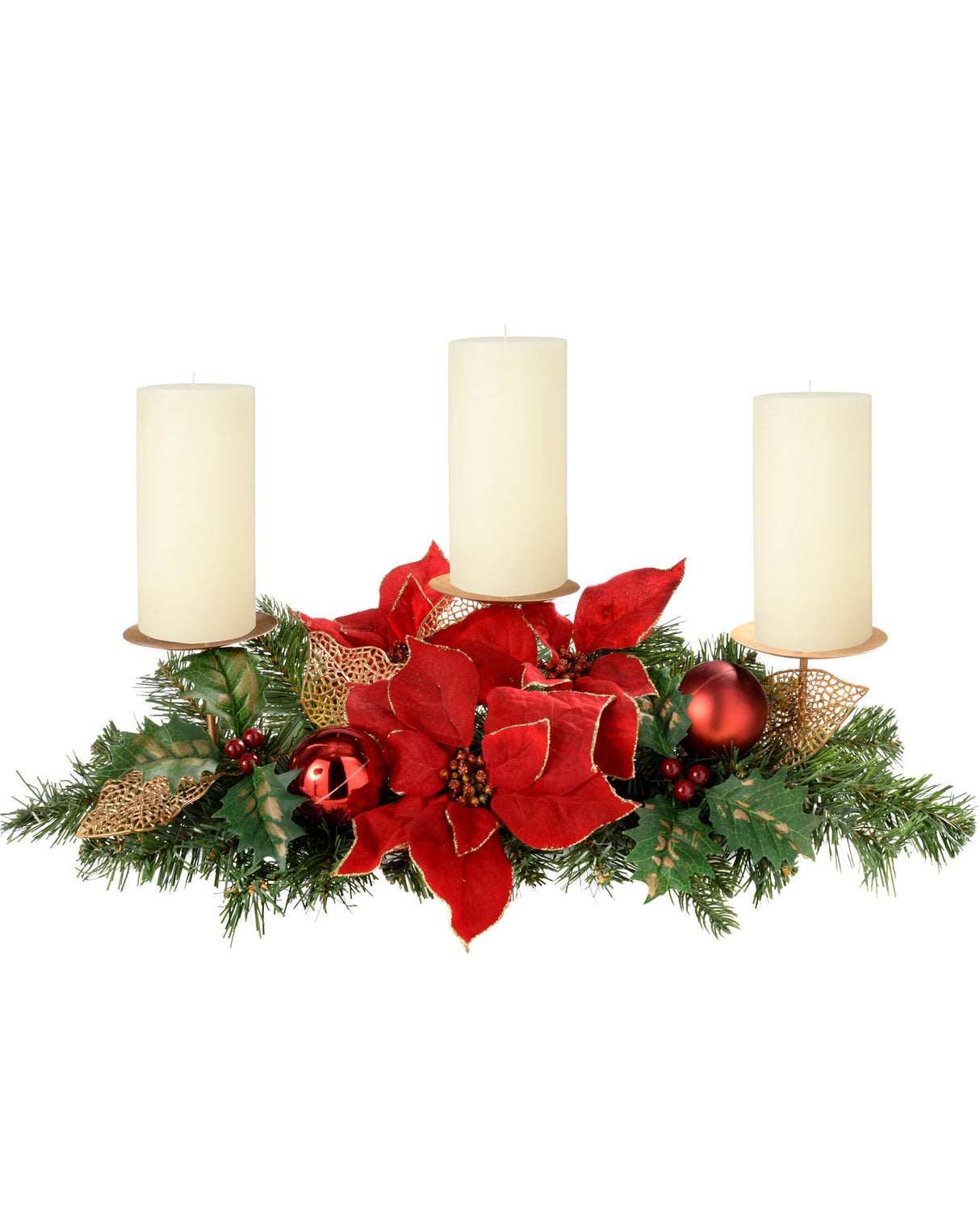 Decorated Table Centre Piece Candle Holder - Red/Gold, 3 Pillar